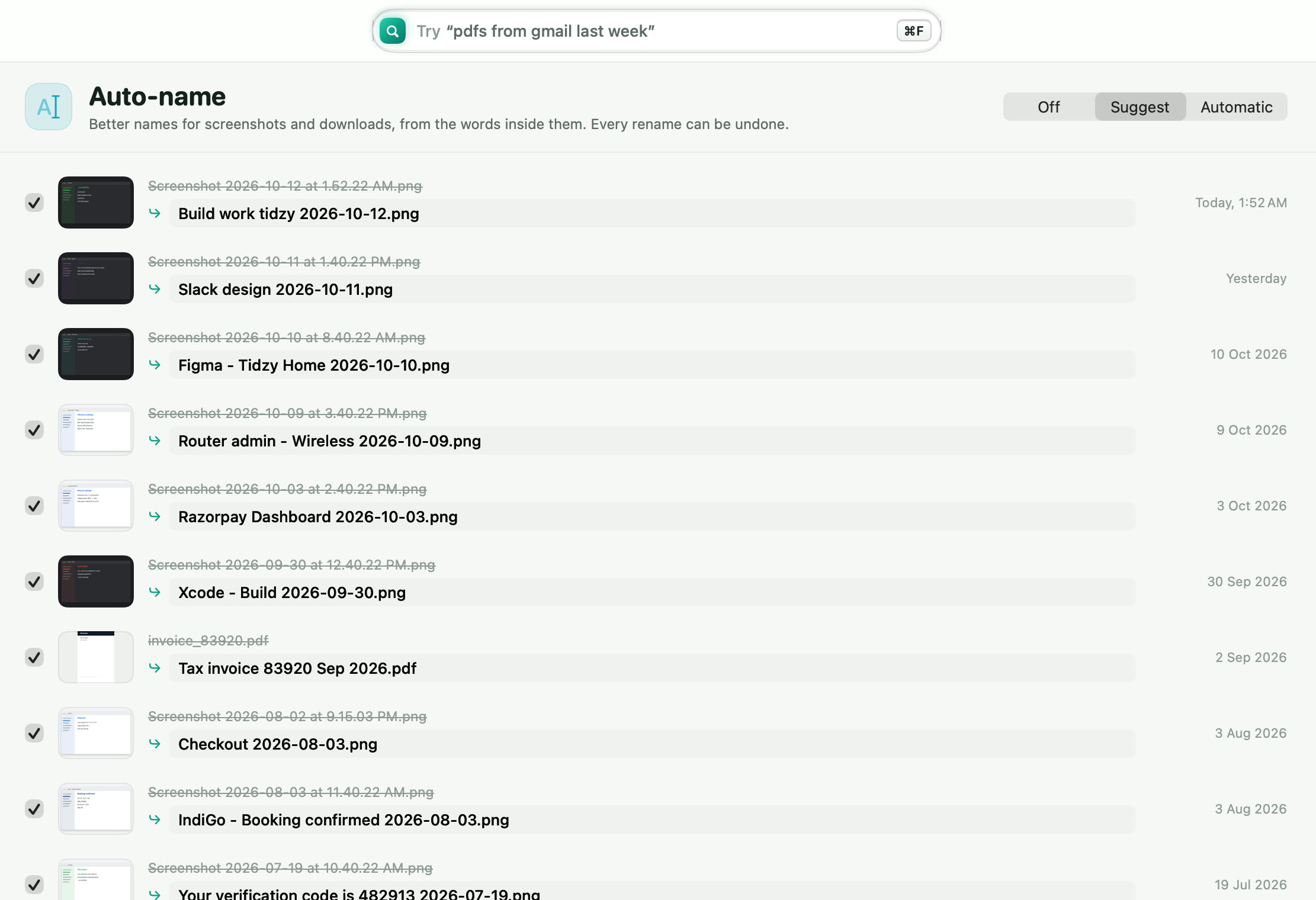 Tidzy Auto-name screen listing screenshots with suggested names