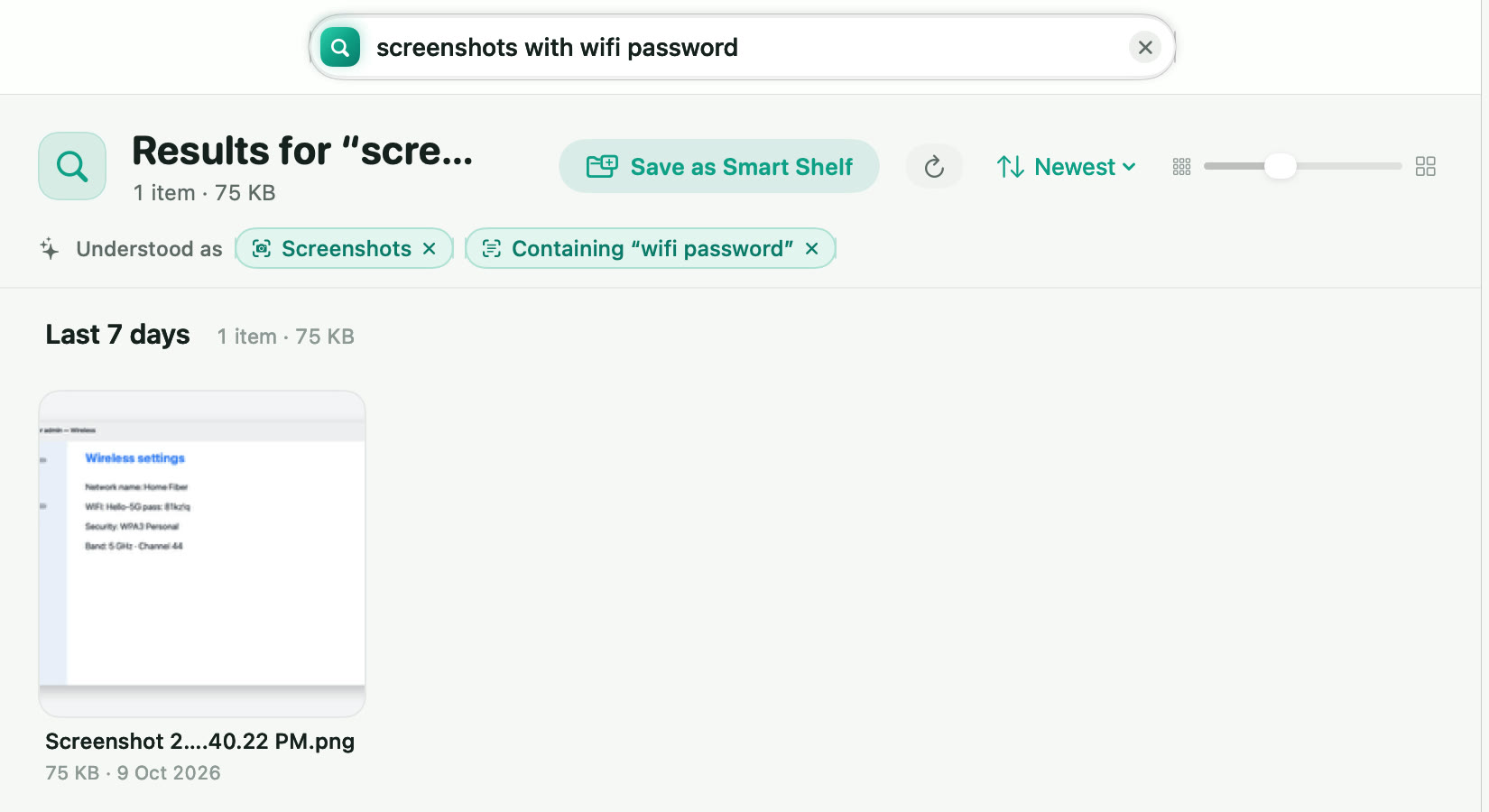 Tidzy search results for “screenshots with wifi password” with chips showing how the query was understood